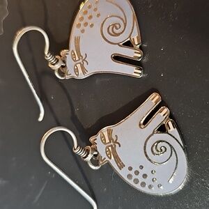 Vintage Signed Laurel Burch Cheshire Cat Lavender Silver Tone Earrings